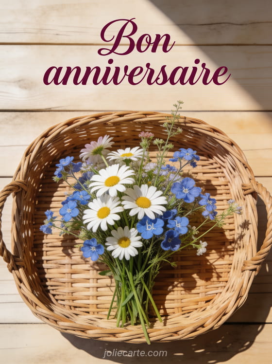 Texte Bon anniversaire en lettres manuscrites prune avec bouquet de fleurs champêtres marguerites et bleuets dans un panier en osier