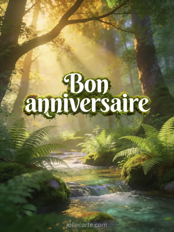 Texte Bon anniversaire en lettres blanches organiques avec effet mousse dans une forêt enchantée avec ruisseau et fougères