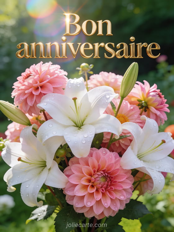 Texte Bon anniversaire en lettres dorées avec bouquet de dahlias roses et lys blancs en gros plan avec gouttes de rosée