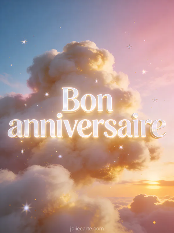 Texte Bon anniversaire en lettres 3D blanches lumineuses sur fond dégradé bleu ciel et rose avec nuages dorés et étoiles
