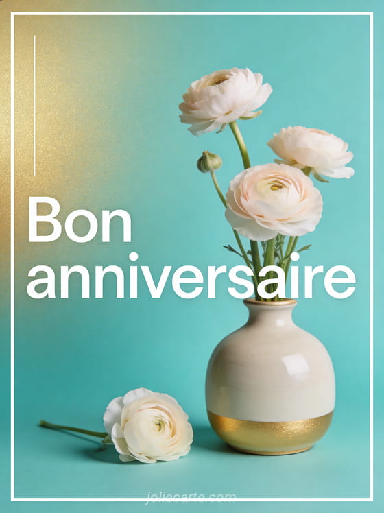 Texte Bon anniversaire en lettres blanches minimalistes sur fond turquoise avec un petit bouquet de renoncules dans un vase en céramique