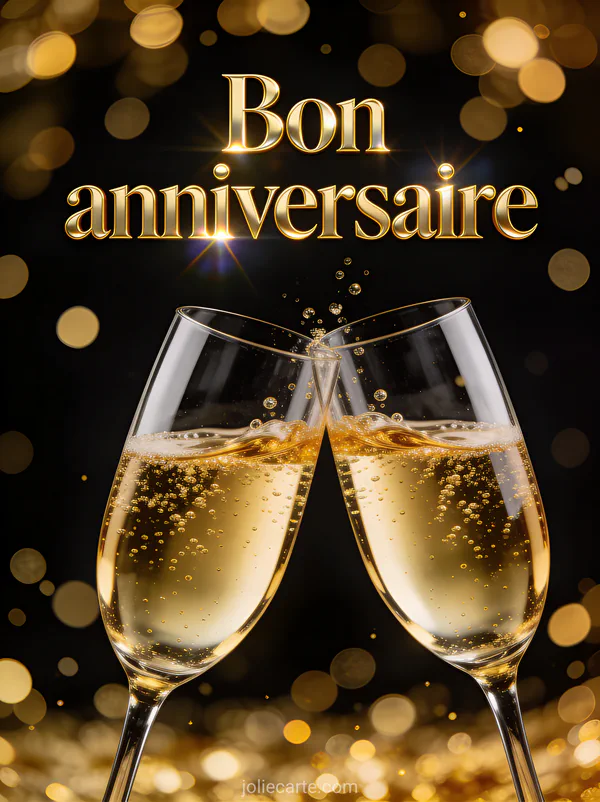 Texte Bon anniversaire en lettres dorées classiques avec deux coupes de champagne qui trinquent et bulles dorées sur fond noir