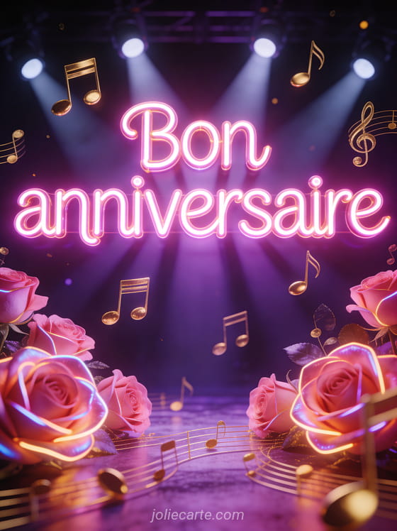 Texte Bon anniversaire en lettres néon roses lumineuses avec notes de musique dorées flottantes sur fond violet foncé