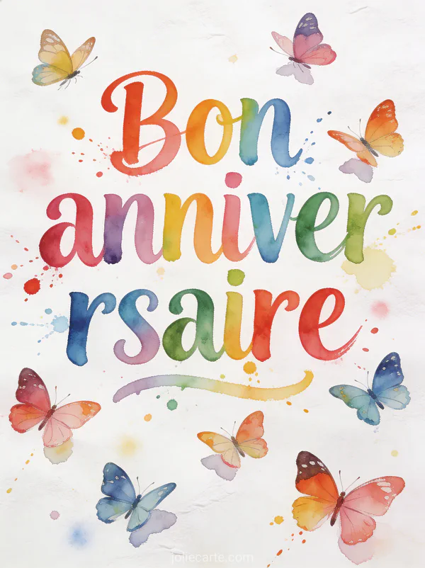Texte Bon anniversaire en lettres aquarelle multicolores avec éclaboussures artistiques et papillons délicats sur fond blanc
