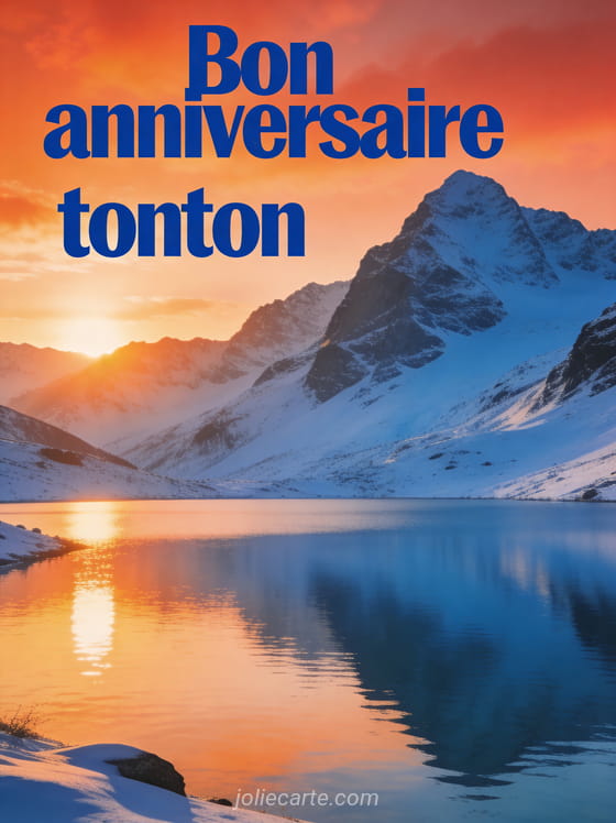 Texte Bon anniversaire tonton en lettres bleues chaleureuses avec paysage de montagne au lever du soleil et lac