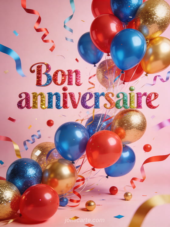 Texte Bon anniversaire en lettres pailletées multicolores avec cascade de ballons rouges bleus et dorés sur fond rose clair