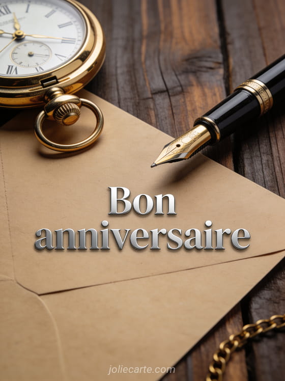 Texte Bon anniversaire en lettres argentées sobres avec stylo plume sur papier kraft et montre de gousset dorée sur fond bois foncé