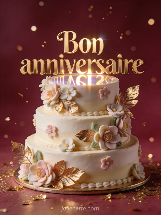 Texte Bon anniversaire en lettres dorées majestueuses avec gâteau à trois étages décoré de fleurs en sucre et feuilles d'or