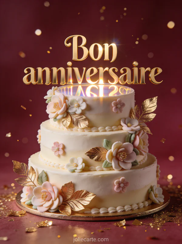 Texte Bon anniversaire en lettres dorées majestueuses avec gâteau à trois étages décoré de fleurs en sucre et feuilles d'or