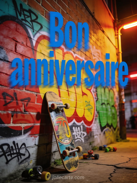 Texte Bon anniversaire en lettres bleues modernes avec skateboard vintage contre un mur de briques et graffitis colorés