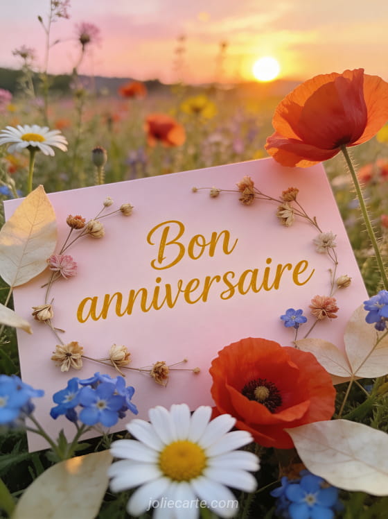 Texte Bon anniversaire en lettres manuscrites couleur miel avec champ de coquelicots marguerites et bleuets au soleil couchant