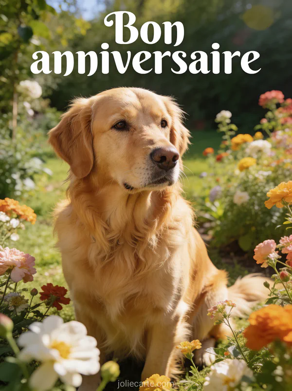 Texte Bon anniversaire en lettres blanches avec un golden retriever majestueux dans un jardin ensoleillé avec des fleurs