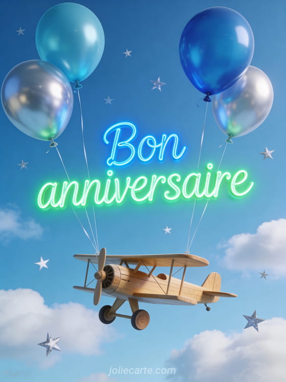 Texte Bon anniversaire en lettres bleues et vertes lumineuses avec ballons bleus et argentés petit avion en bois et étoiles