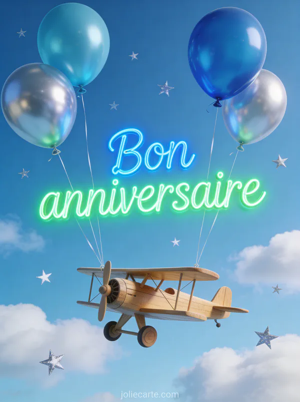 Texte Bon anniversaire en lettres bleues et vertes lumineuses avec ballons bleus et argentés petit avion en bois et étoiles