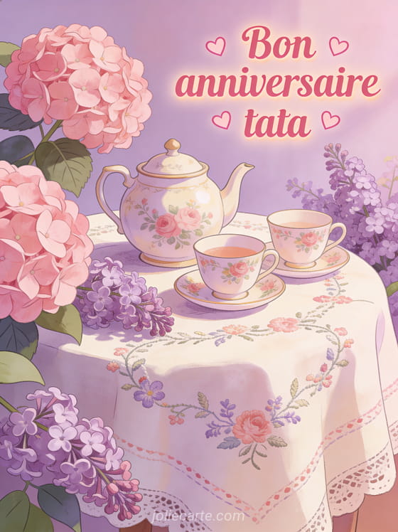 Texte Bon anniversaire tata en lettres roses avec théière vintage et tasses fleuries sur nappe brodée avec hortensias et lilas