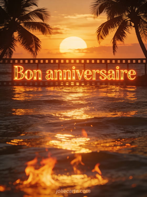 Texte Bon anniversaire en lettres lumineuses dorées avec coucher de soleil sur la mer et silhouette de palmiers