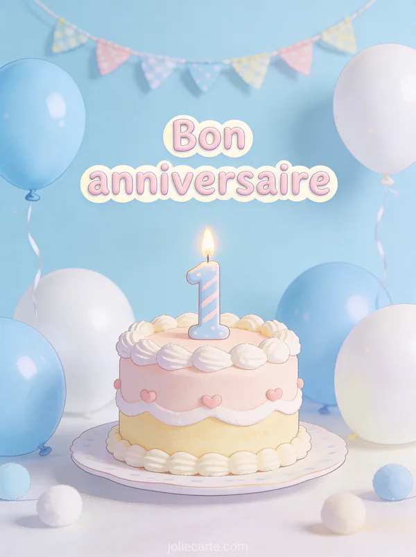 Texte Bon anniversaire en lettres pastel avec petit gâteau décoré et bougie chiffre 1 avec ballons pastel bleus et blancs