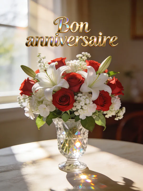 Texte Bon anniversaire en lettres dorées avec somptueux bouquet de roses lys et gypsophile dans un vase en cristal