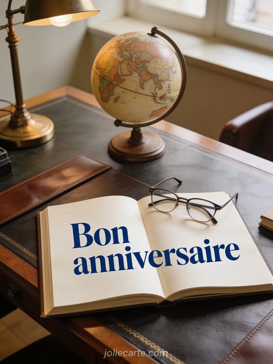 Texte Bon anniversaire en lettres bleu foncé élégantes avec livre ouvert lunettes et globe terrestre vintage sur bureau en cuir