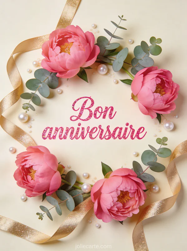 Texte Bon anniversaire en lettres cursives roses glitter avec pivoines rose vif et feuilles d'eucalyptus perles et rubans dorés