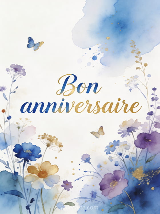 Texte Bon anniversaire en lettres aquarelle indigo et or avec fleurs sauvages papillons et éclaboussures de bleu et violet