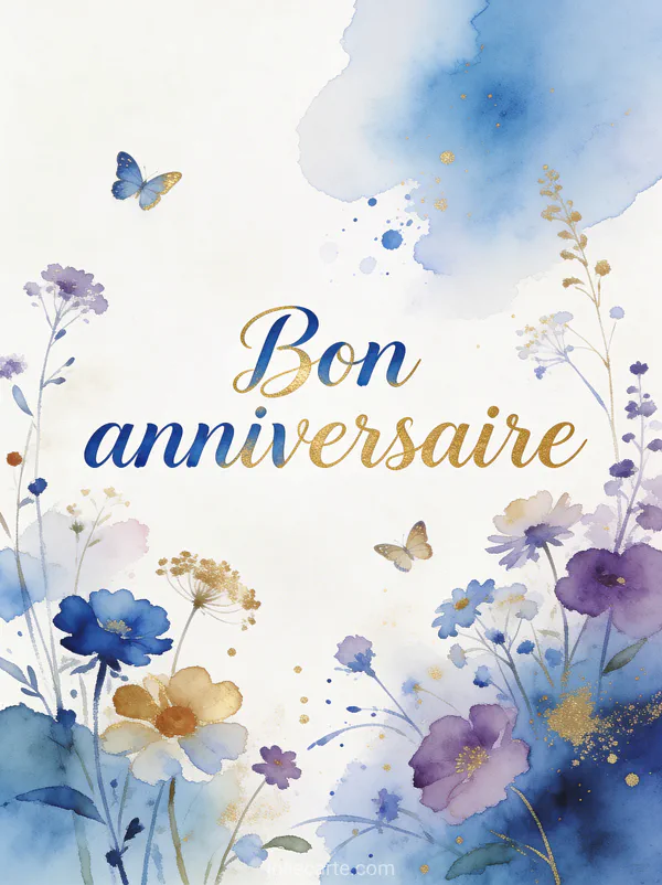 Texte Bon anniversaire en lettres aquarelle indigo et or avec fleurs sauvages papillons et éclaboussures de bleu et violet