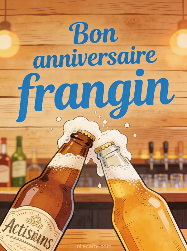 Texte Bon anniversaire frangin en lettres bleues décontractées avec deux bières artisanales qui trinquent sur fond bois de bar