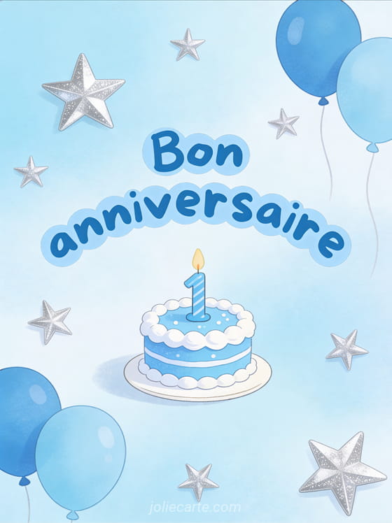 Texte Bon anniversaire en lettres bleues rondes avec petit gâteau bleu et blanc bougie chiffre 1 étoiles argentées et ballons bleus