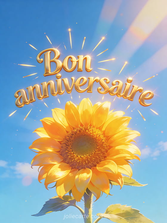 Texte Bon anniversaire en lettres dorées rayonnantes avec un tournesol épanoui et pétales lumineux sur fond bleu ciel ensoleillé
