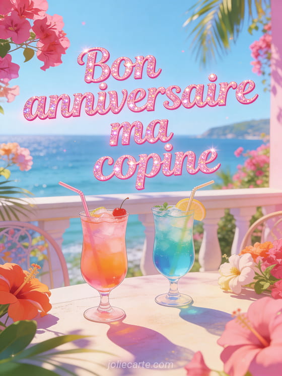 Texte Bon anniversaire ma copine en lettres roses pailletées avec deux cocktails colorés sur terrasse vue mer et bougainvilliers