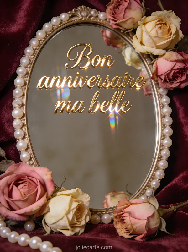 Texte Bon anniversaire ma belle en lettres dorées cursives avec miroir vintage ovale entouré de roses anciennes et perles