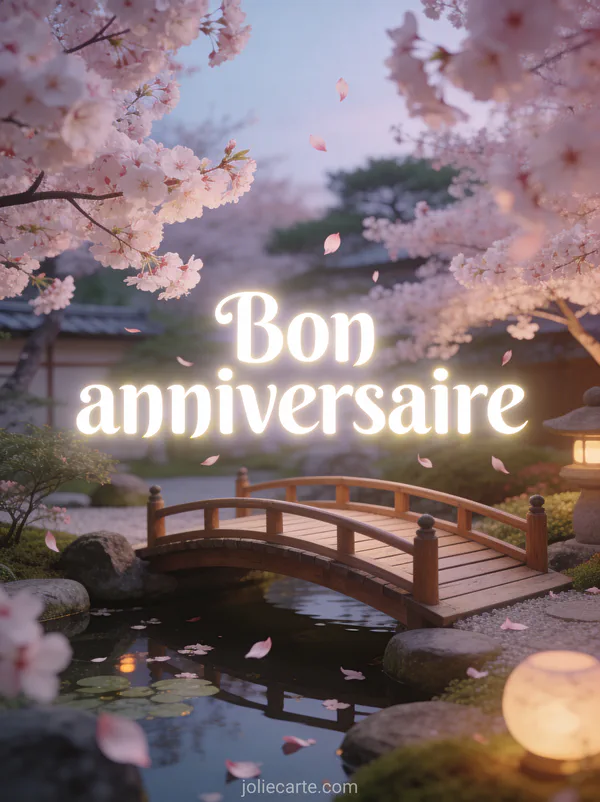 Texte Bon anniversaire en lettres blanches avec jardin japonais zen cerisiers en fleurs petit pont en bois et pétales tombants