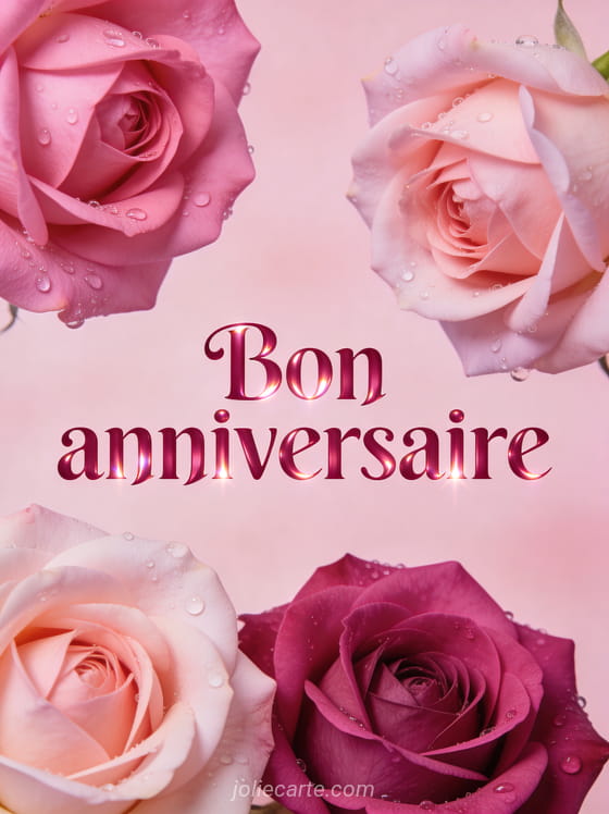 Texte Bon anniversaire en lettres rose foncé avec roses de jardin rose tendre et fuchsia en gros plan et gouttes de rosée