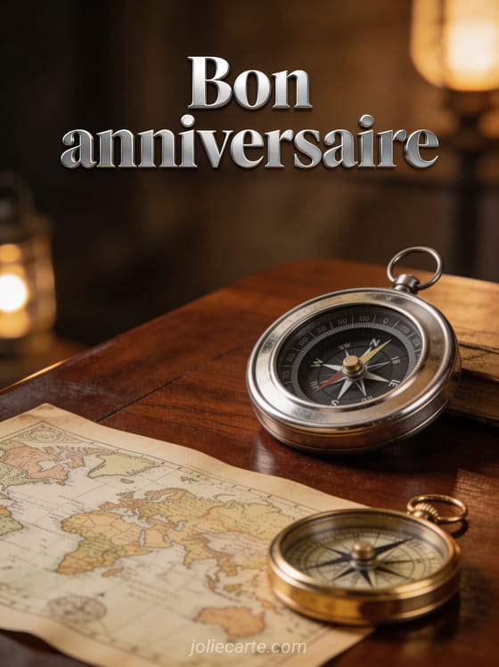 Texte Bon anniversaire en lettres argentées avec compas de navigation vintage carte ancienne et boussole dorée sur table en acajou