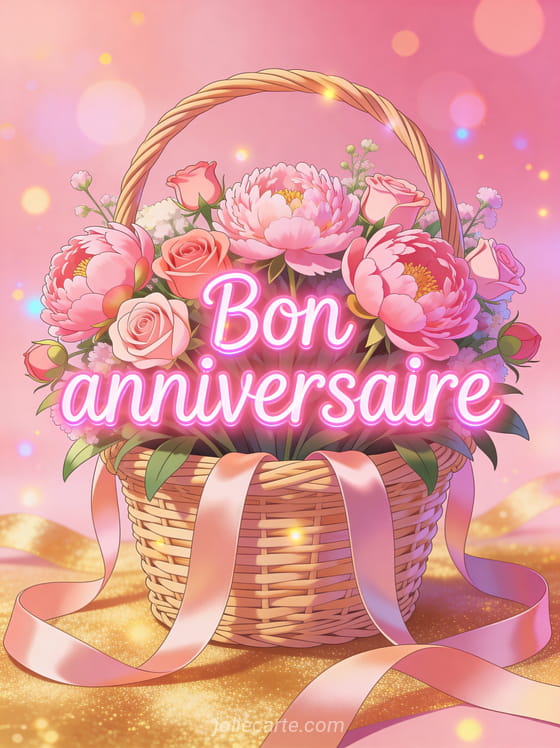 Texte Bon anniversaire en lettres roses néon avec pivoines et roses dans un panier en osier rubans de satin fond rose et or