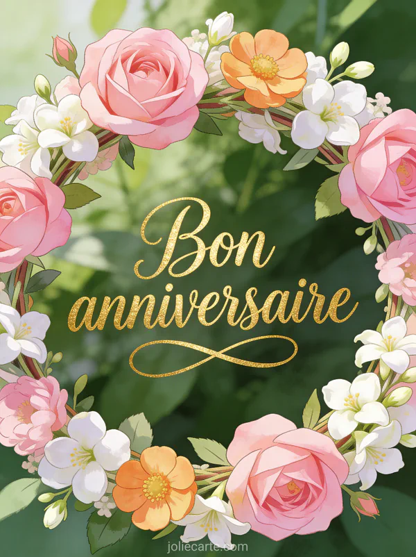 Texte Bon anniversaire en lettres manuscrites dorées avec couronne de roses anglaises renoncules et jasmin sur fond vert végétal
