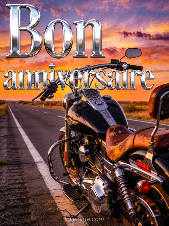 Texte Bon anniversaire en lettres chrome style biker avec moto custom vintage noire et chrome sur route au coucher du soleil