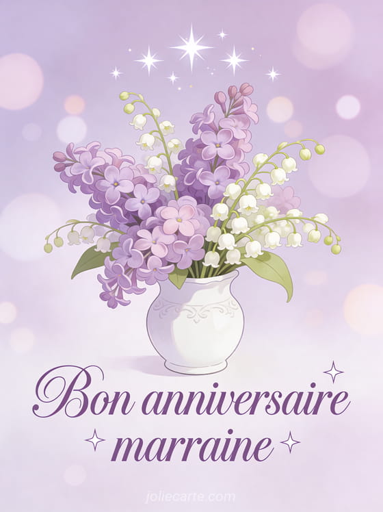 Texte Bon anniversaire marraine en lettres lilas avec étoiles scintillantes bouquet de lilas et muguet dans vase en porcelaine