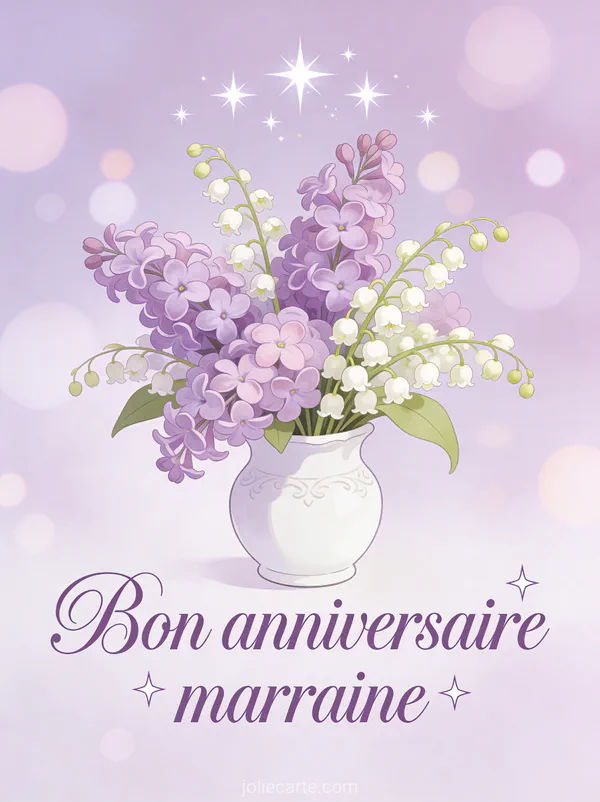 Texte Bon anniversaire marraine en lettres lilas avec étoiles scintillantes bouquet de lilas et muguet dans vase en porcelaine