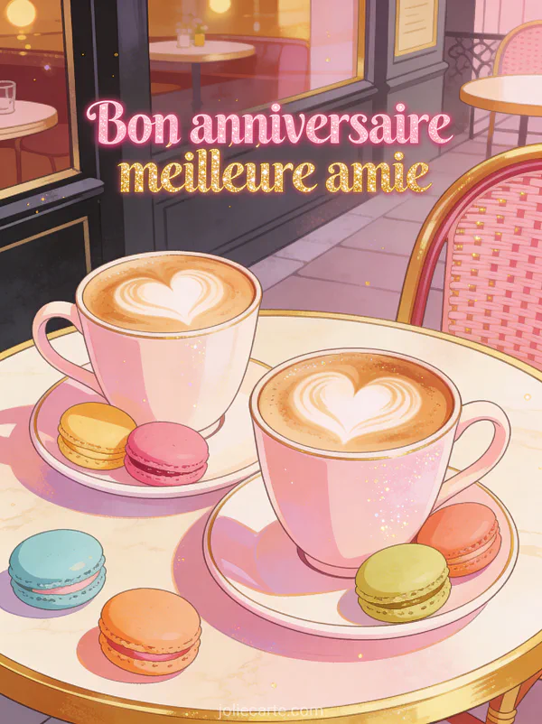 Texte Bon anniversaire meilleure amie en lettres roses et dorées avec cappuccinos coeurs latte art et macarons colorés