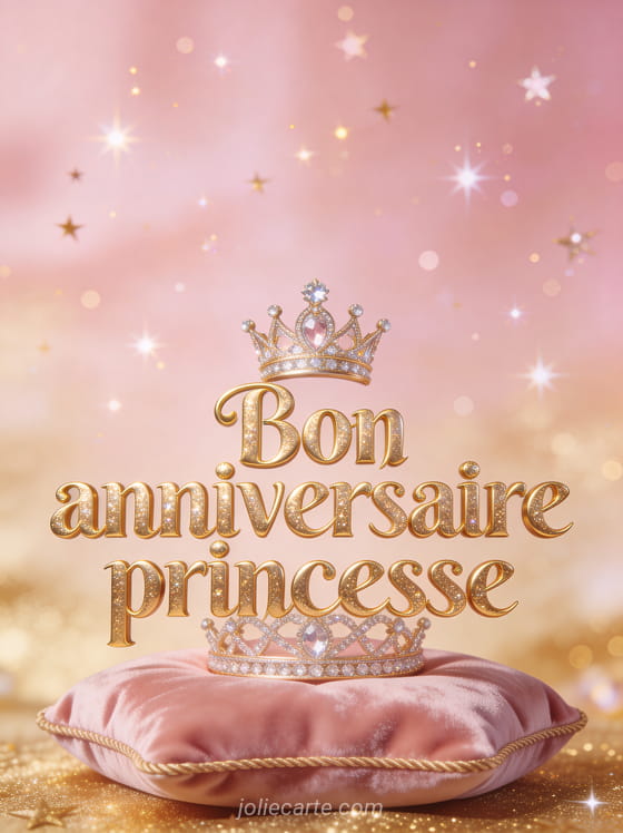 Texte Bon anniversaire princesse en lettres dorées royales avec couronne étincelante sur coussin de velours rose et étoiles