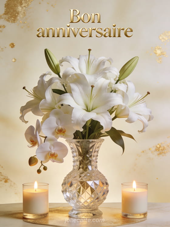 Texte Bon anniversaire en lettres dorées classiques avec lys blancs et orchidées dans un vase en cristal et bougies parfumées