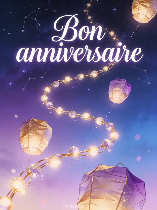 Texte Bon anniversaire en lettres blanches élégantes sur fond violet et bleu nuit avec guirlandes lumineuses et lanternes flottantes