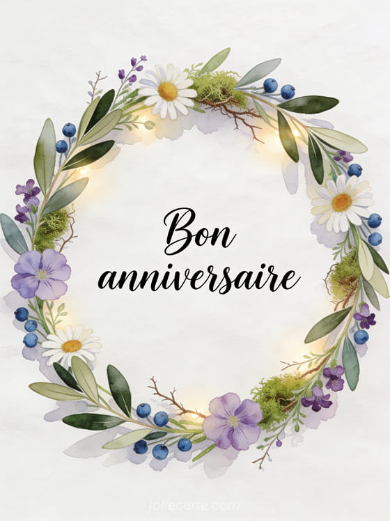 Texte Bon anniversaire en lettres manuscrites noires sur papier aquarelle avec couronne de verdure feuilles d'olivier et baies