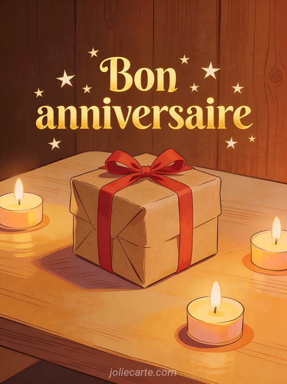 Texte Bon anniversaire en lettres dorées avec cadeau emballé papier kraft et ruban rouge sur table avec bougies allumées