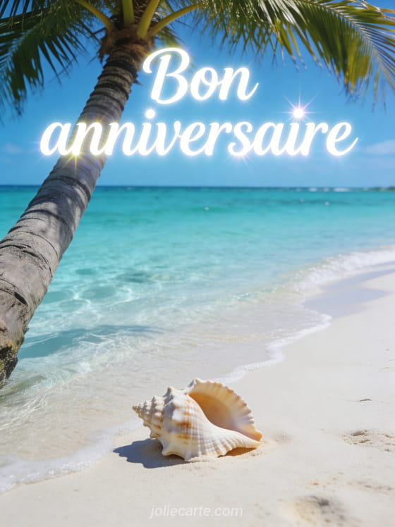 Texte Bon anniversaire en lettres blanches lumineuses avec plage de sable blanc eau turquoise palmier et coquillage sous ciel bleu