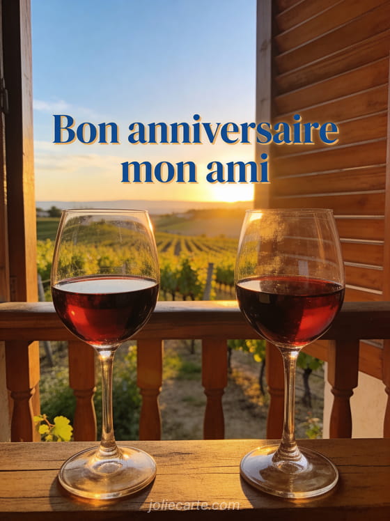 Texte Bon anniversaire mon ami en lettres bleues chaleureuses avec deux verres de vin rouge sur balcon vue vignobles au coucher du soleil