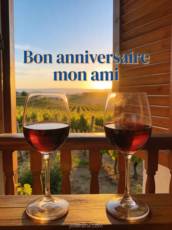 Texte Bon anniversaire mon ami en lettres bleues chaleureuses avec deux verres de vin rouge sur balcon vue vignobles au coucher du soleil