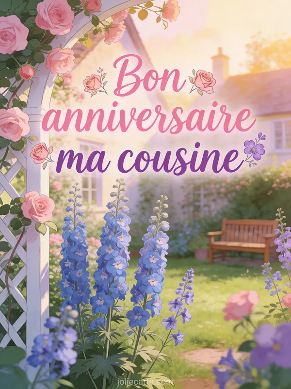 Texte Bon anniversaire ma cousine en lettres roses et violettes avec jardin de cottage anglais delphiniums et roses grimpantes