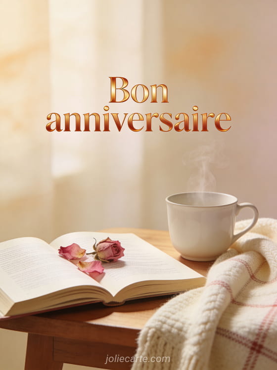 Texte Bon anniversaire en lettres ambre avec livre ouvert et pétales de rose séchés tasse de thé fumante et plaid en laine